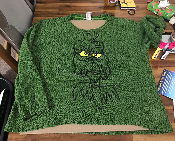 Hand Painted Grinch On The Ugly Green Sweater I Found At Goodwill. All For My Ugly Christmas Sweater Party This Sunday