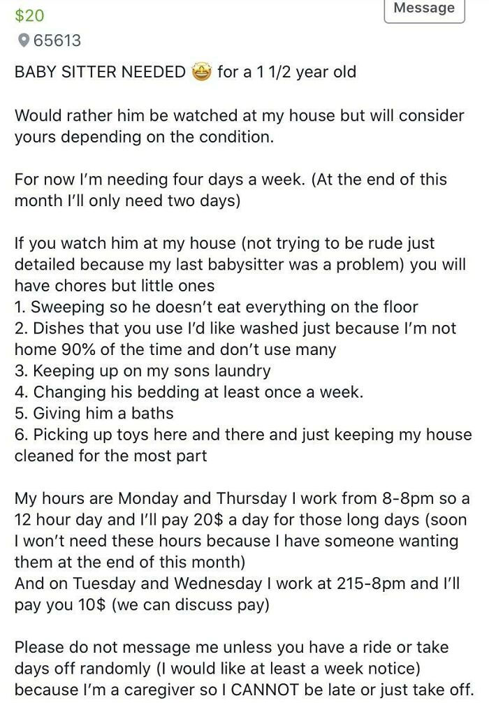 She Wants Childcare/Housekeeper For $1.70/Hour. The Sad Part Is People Are Actually Offering To Do It At Her Price
