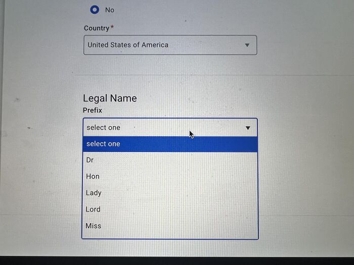 I Was Applying For More Credit Cards For My Lowly Rentoids To Pay Off For Me With Their Blood, Sweat, And Tears When These Options Popped Up In The “Legal Name Prefix” Section Of The Application! Finally Some Recognition Us Lords And Ladies Deserve!