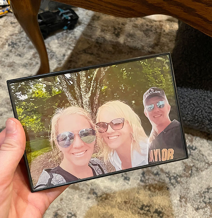 My Dad's Sisters Went On A Trip And Didn’t Invite Him. For Christmas My Dad Gave Them Both A Picture Of Himself Photoshopped Into A Picture Of Them Together From Their Trip