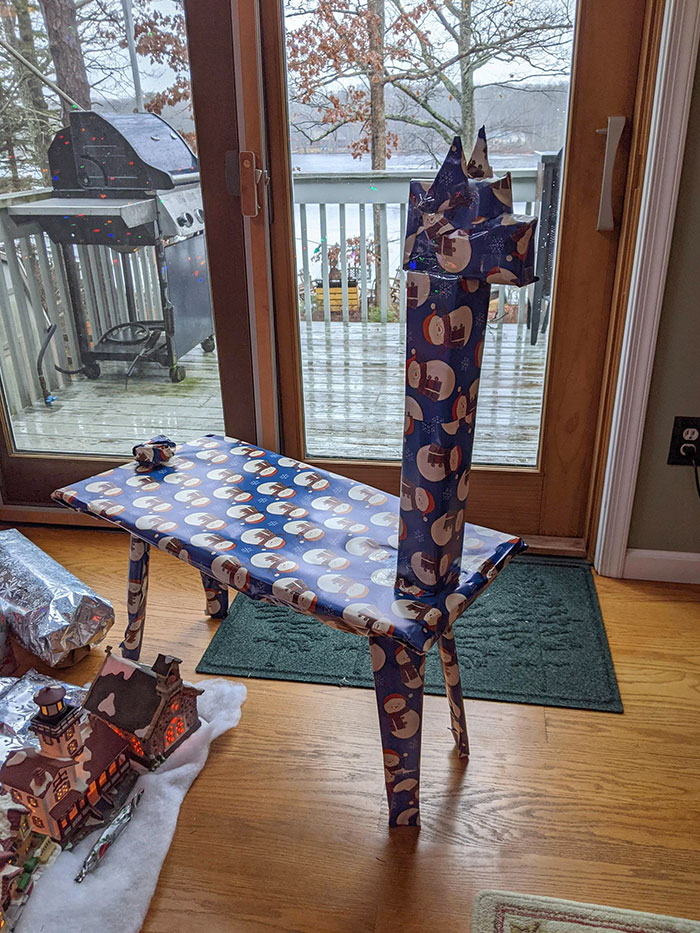 Made My Brother An End Table For Christmas, Had To Find A Way To Disguise It When Wrapping
