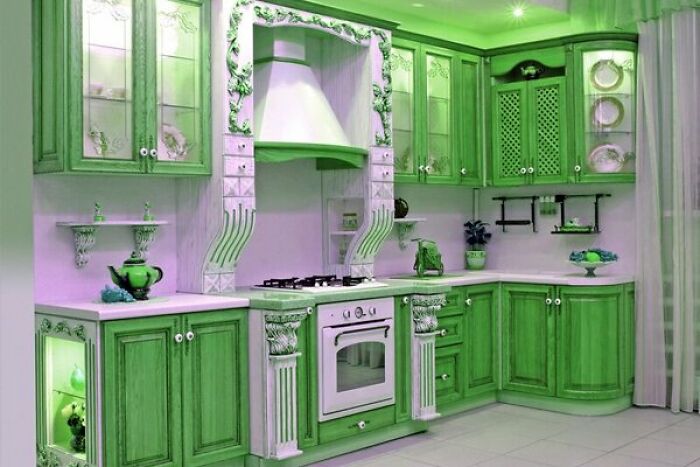 I Like Green In The Kitchen, Just Not Neon Lime Green - Infilling The Supports Over The Stove And The Picking Out The Scrollwork Really Top Off The General Hideousness