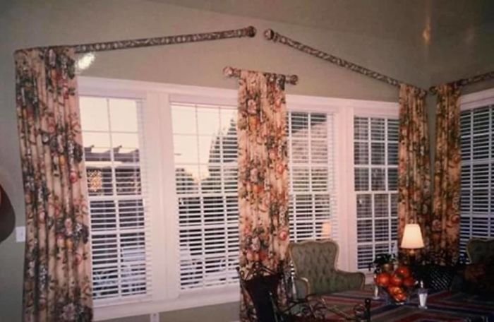 More Curtain Fun: " If We Wrap The Rods So They Are Functionally Useless, And Then Tilt Them Up, We Can Make It Look Like A Cathedral Ceiling!......now How Can We Solve That Middle Part?....."