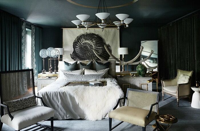 Is It The Ammonite Fossil Printed On A Sheet? The Odd 4 Pronged Oxbow? The 3 Circular Glass Screens? The Mirrored Bed Tray? This Room Looks So Cluttered While It Tries To Look Masculine And Modern