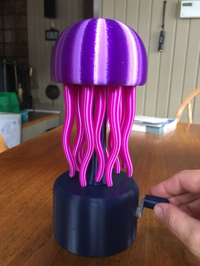 3-D Printed Jellyfish. Turn The Crank And The Tentacles Swirl In Place! So Satisfying!