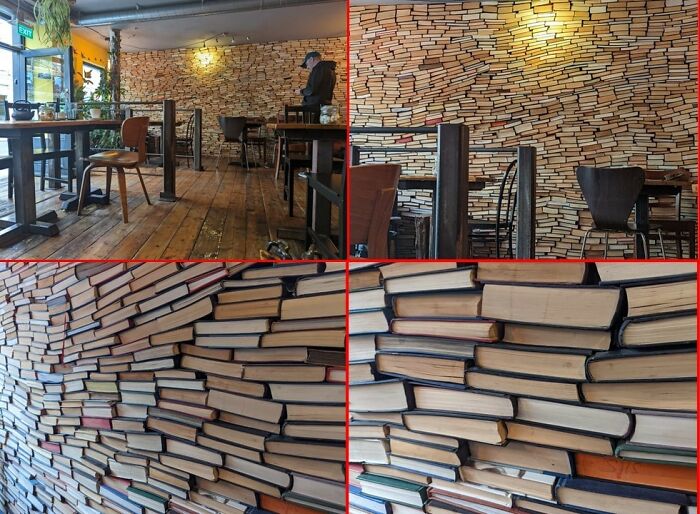 A Coffee Shop In Bedford, England, That Uses Real Books As Wallpaper. There Is Visible Dirt On The Paper