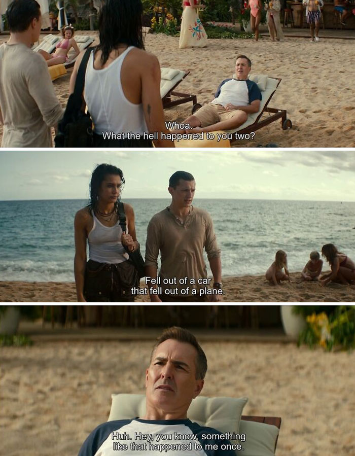 In Uncharted (2022) Nathan Drake And Chloe Frazer (Tom Holland And Sophia Ali) Wash Up On A Beach And Meet A Stranger Who Says Something Similar Happened To Him Once. That Actor Is Nolan North, The Original Voice Actor For Nathan Drake In The Uncharted Video Games