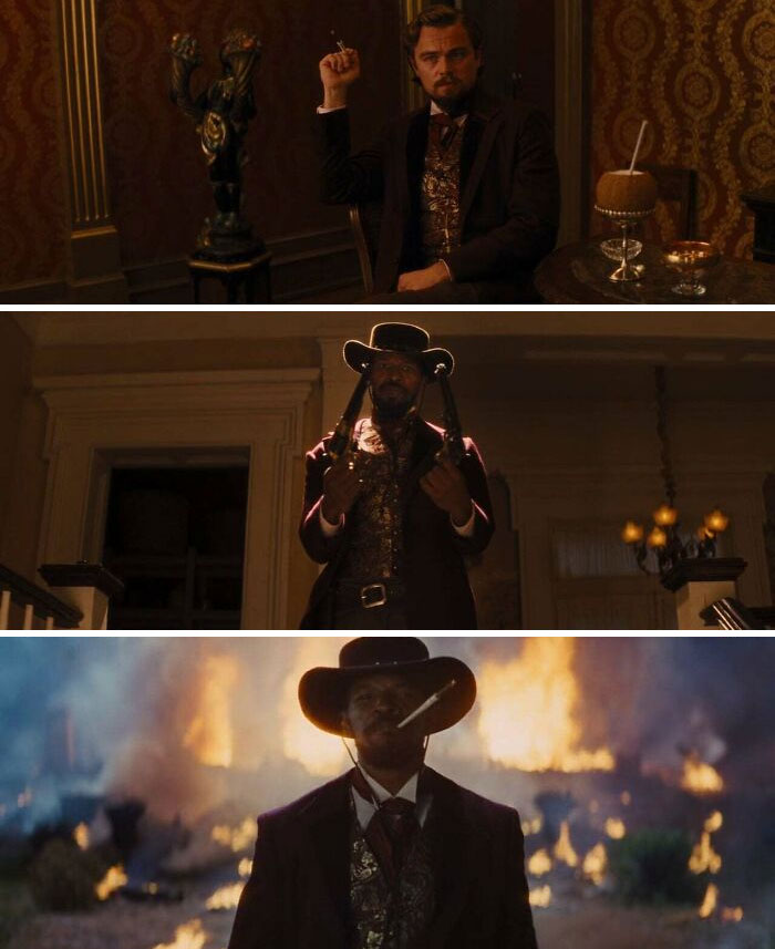 In The Final Scene Of Django Unchained (2012), Django Wears The Same Outfit Calvin Candie Was Wearing When They First Met—right Down To The Extended Cigarette