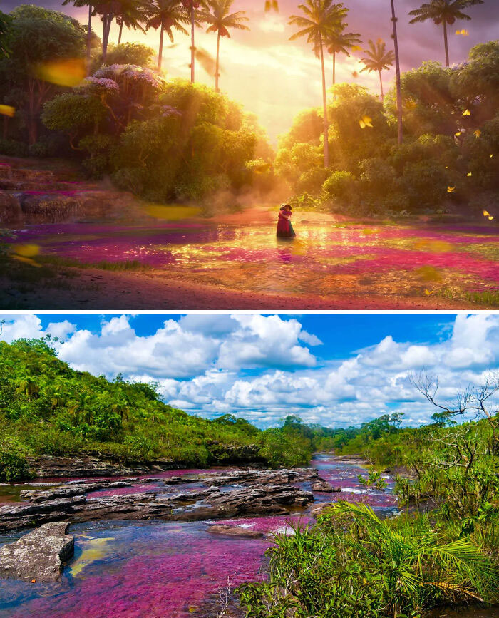 In Encanto (2021), The Multicoloured Water Was Inspired By A Real Place In Colombia...the Caño Cristales River. The River Is Commonly Called The "River Of Five Colors" Or The "Liquid Rainbow," And Is Noted For Its Striking Colors