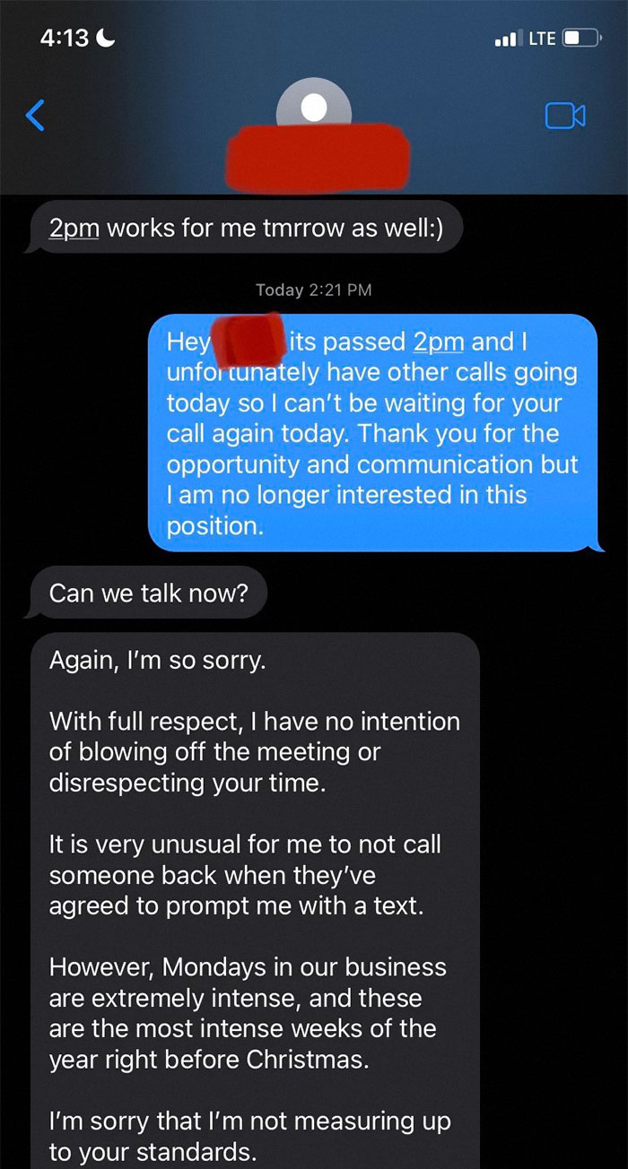 Woman Refuses To Speak With An Interviewer After He Missed Two Scheduled Calls, Shares Unhinged Texts That Followed Woman Refuses To Speak With An Interviewer After He Missed Two Scheduled Calls, Shares Unhinged Texts That Followed