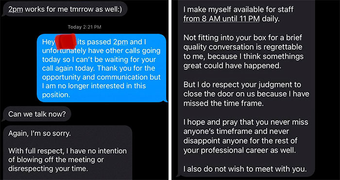 Woman Refuses To Speak With An Interviewer After He Missed Two Scheduled Calls, Shares Unhinged Texts That Followed