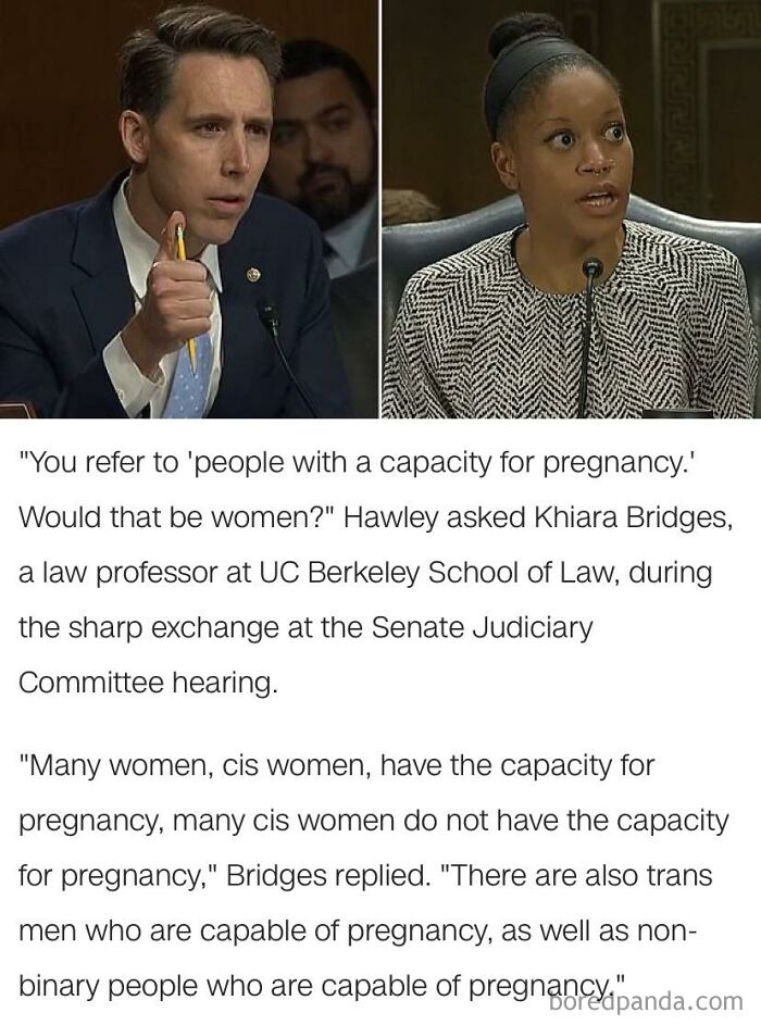 Senator Josh Hawley Tries To Say That Only Cis-Women Have The Capacity To Give Birth. Wrong. That Professor Worded Her Rebuttal Perfectly