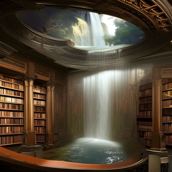 Library Interior With Waterfall