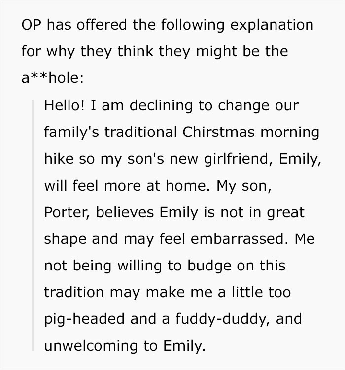 Mom Refuses To Cancel Family Christmas Hike For Son’s “Out Of Shape” Girlfriend Mom Refuses To Cancel Family Christmas Hike For Son’s “Out Of Shape” Girlfriend