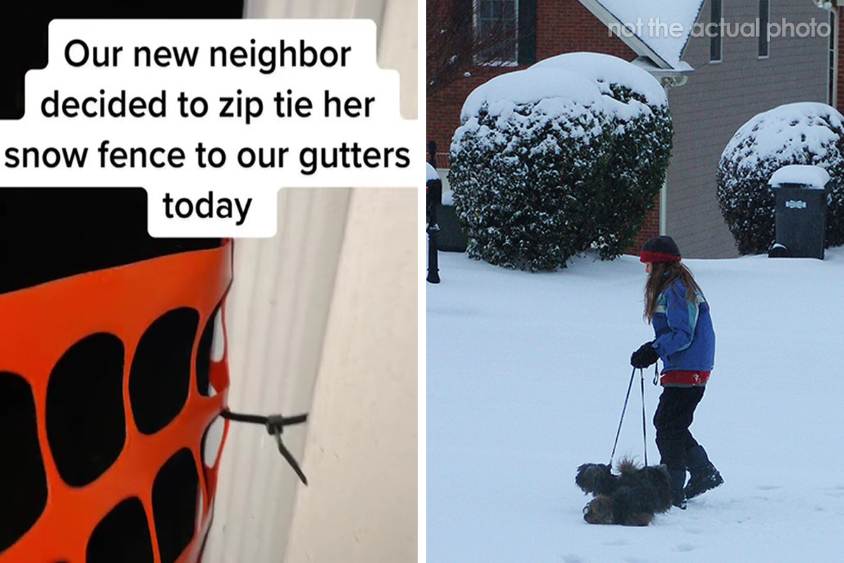 Looks Like We Got Karen As A Neighbor”: Man Gets Into A War With Neighbor  Who Zip-Tied Her Snow Fence To His Gutters