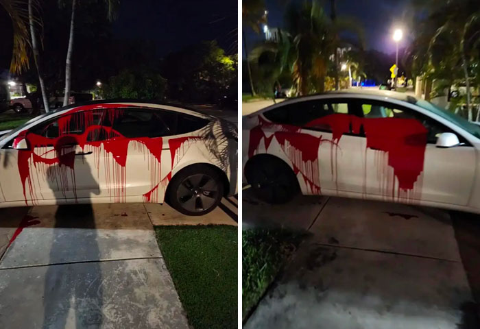 Un vecino estacionó su Tesla bloqueando el paso y alguien le lanzó pintura roja a su coche 