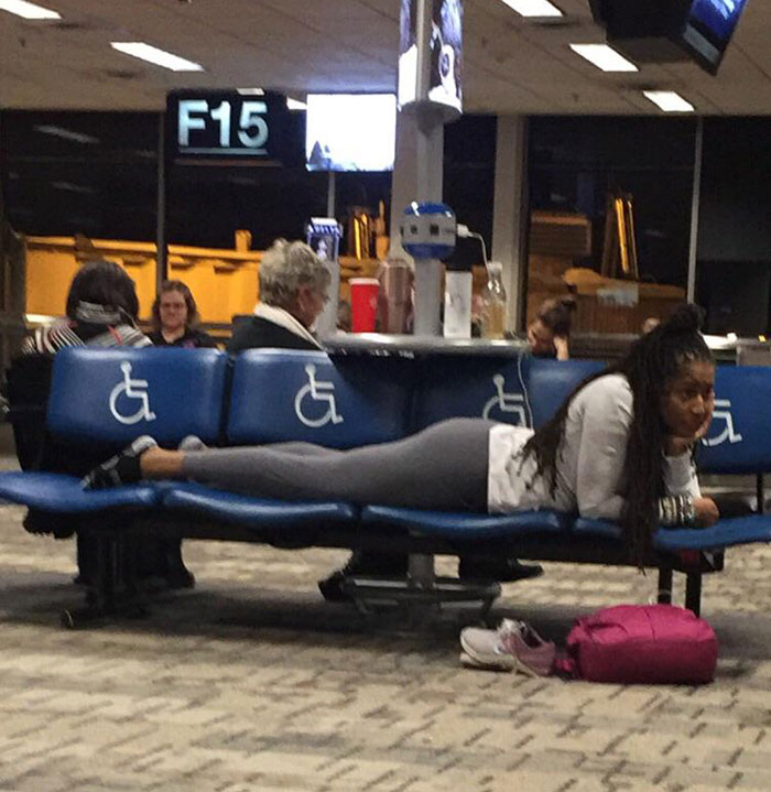 There Are People Standing, Even Elderly People, At The Gate And This Girl Thinks It’s Ok To Take Up Four Whole Chairs