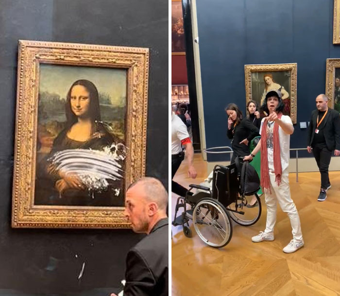 Un hombre disfrazado de anciana en silla de ruedas lanzó una tarta al cuadro de la Mona Lisa en París 