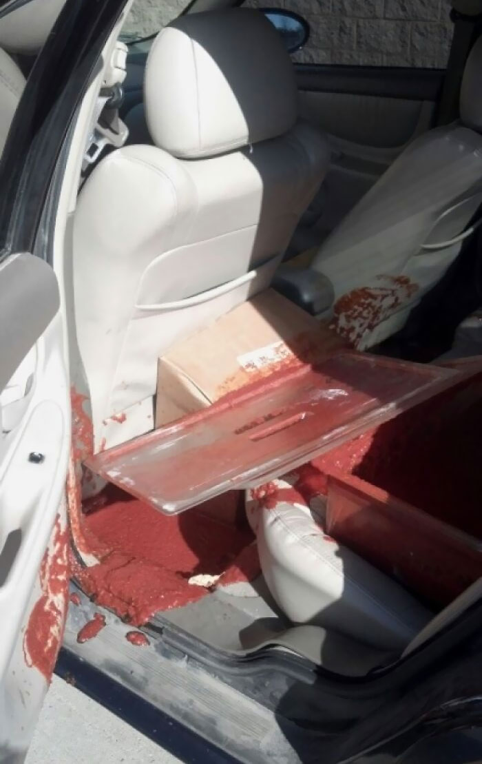 Coworker Was Driving Pizza Sauce To Another Store And Someone Cut Him Off