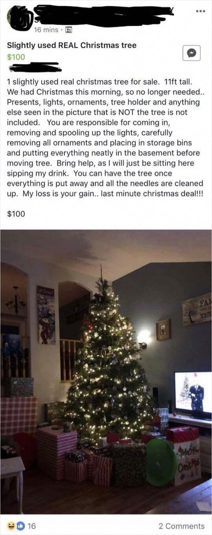 Pay Me $100 And I’ll Let You Take Down My Christmas Tree, Lights, And Ornaments While I Sit There Watching You, Sipping My Drink