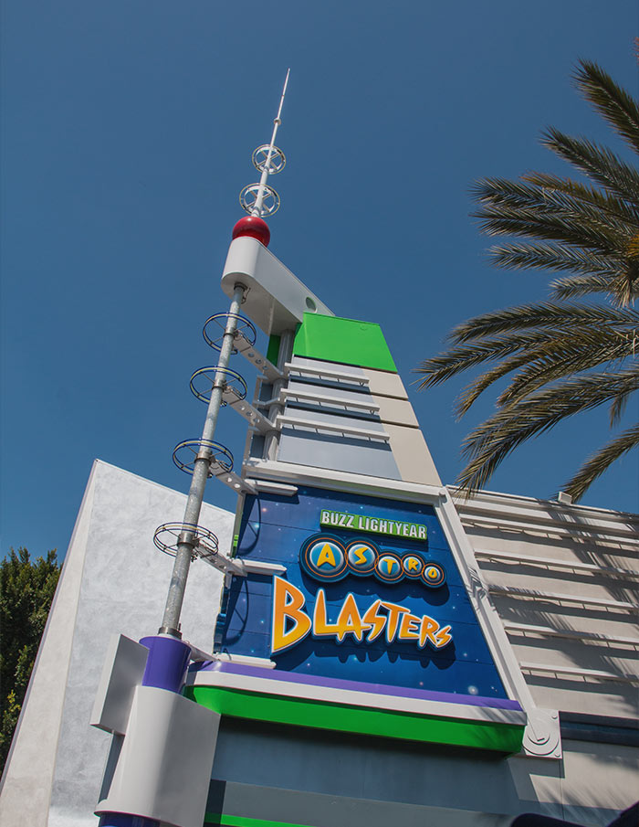 Signage for Buzz Lightyear Astro Blasters in Tomorrowland at Disneyland
