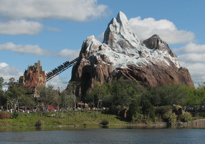 The Expedition Everest roller coaster attraction at Disney's Animal Kingdom theme park in Florida. In this photo, a train is heading up the first ramp
