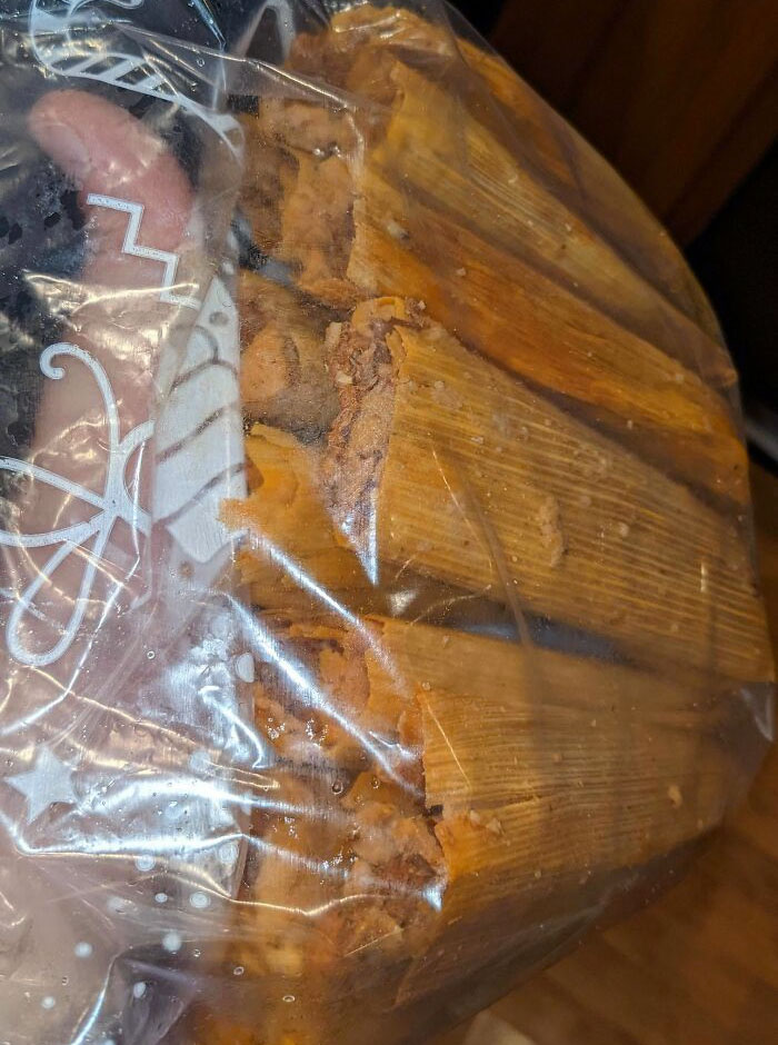 My Wife Just Tossed Me A Whole Bag Of Tamales That A Coworker Hand-Makes Every Year For Christmas Gifts. I Am So Happy Right Now