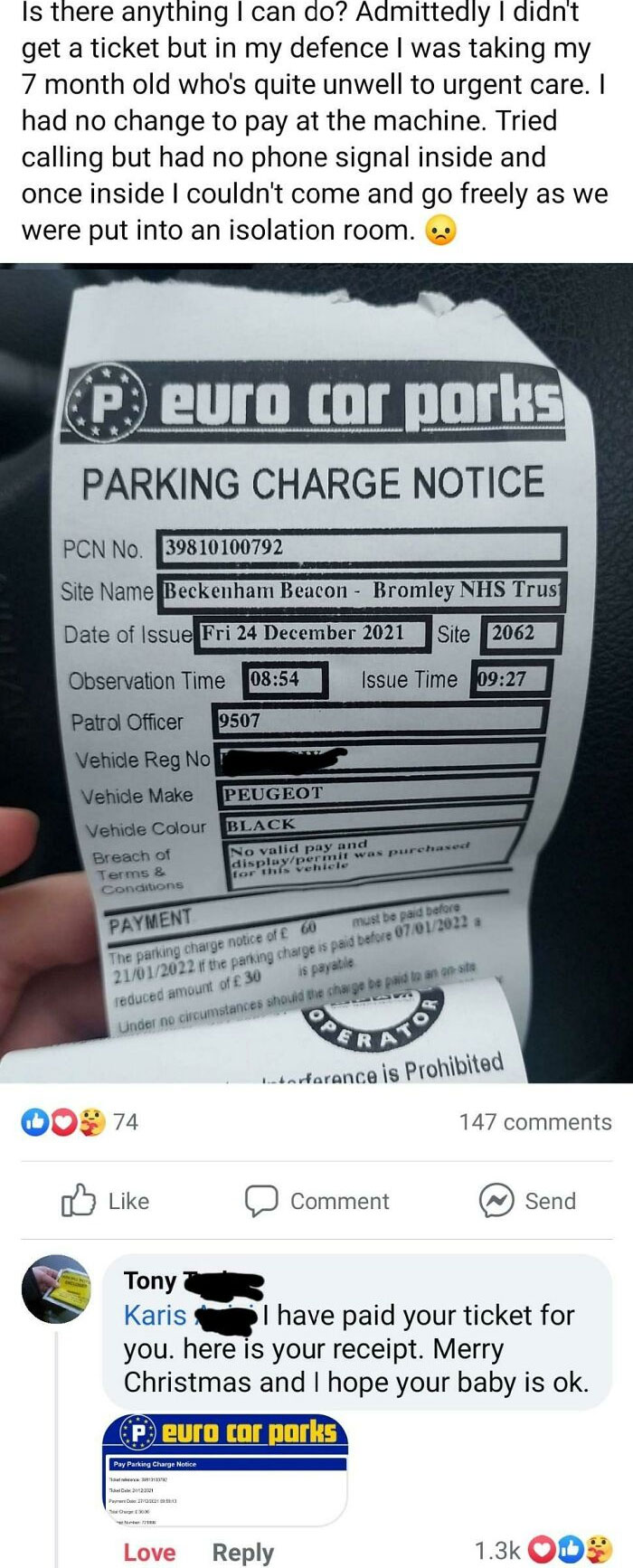 Bro Pays For Woman's Hospital Parking Penalty Ticket On Christmas Eve As Her Baby Was Ill. Such An Amazing Gesture From A Stranger