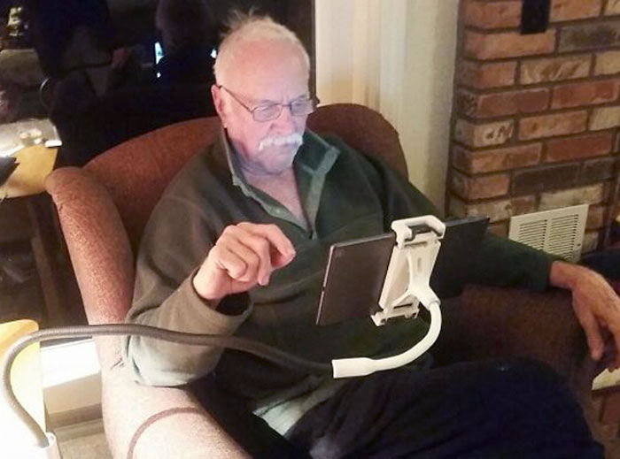 My Grandpa Recently Started Using A Tablet. I Got Him A Holder For Christmas And My Grandma Sent Me This Picture Of Him Using It. It Really Brightened My Day