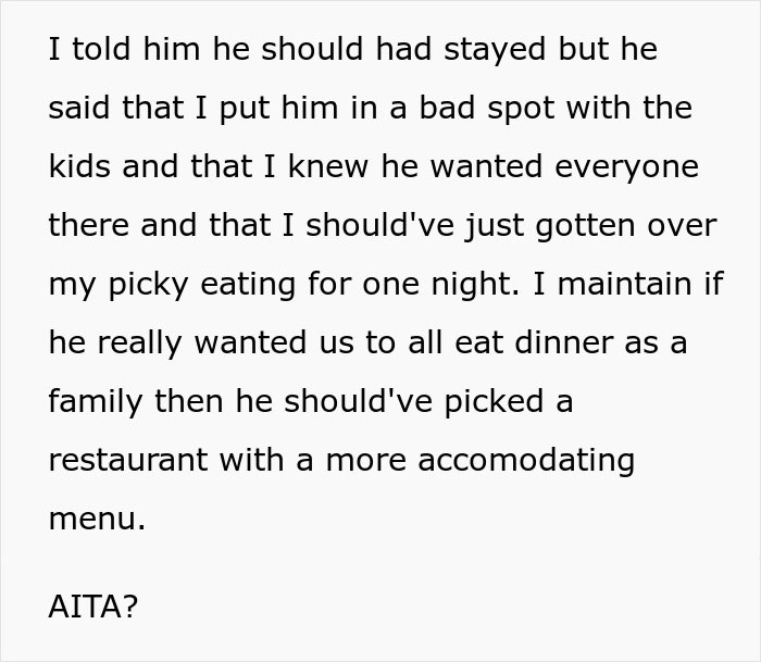 Wife Doesn't Attend Her Husband's Promotion Dinner All Because Of Her Picky Eating, The Internet Gives Her A Wake-Up Call Wife Doesn't Attend Her Husband's Promotion Dinner All Because Of Her Picky Eating, The Internet Gives Her A Wake-Up Call