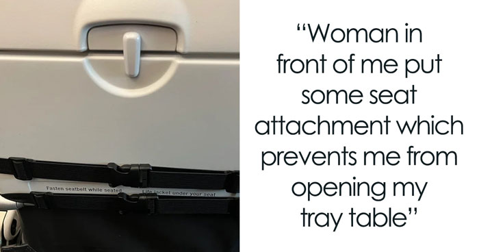 Plane Passenger Annoyed After Learning They Can’t Use Their Tray Table Because A Woman Put A Seat Attachment Over It