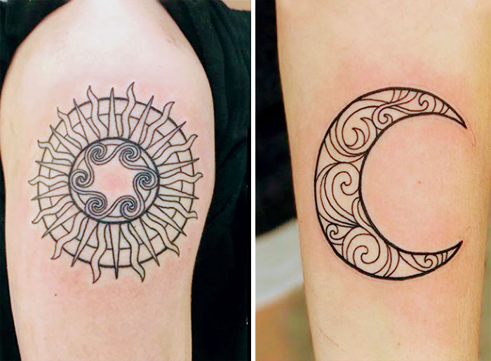 Ornamental sun and moon tattoos