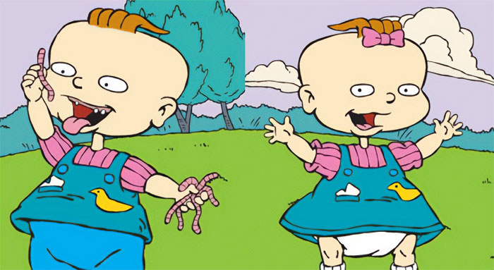 Phil and Lil Deville smiling and eating worms from The Rugrats