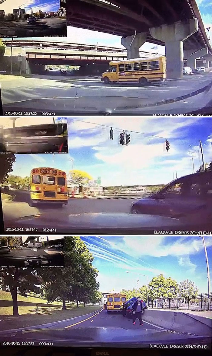 Conductor reduce la velocidad para dejar pasar a un autobús escolar y un conductor de BMW intenta colarse