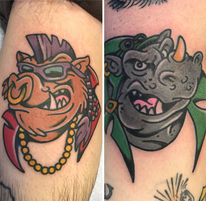 Bebop and Rocksteady characters watercolor tattoos
