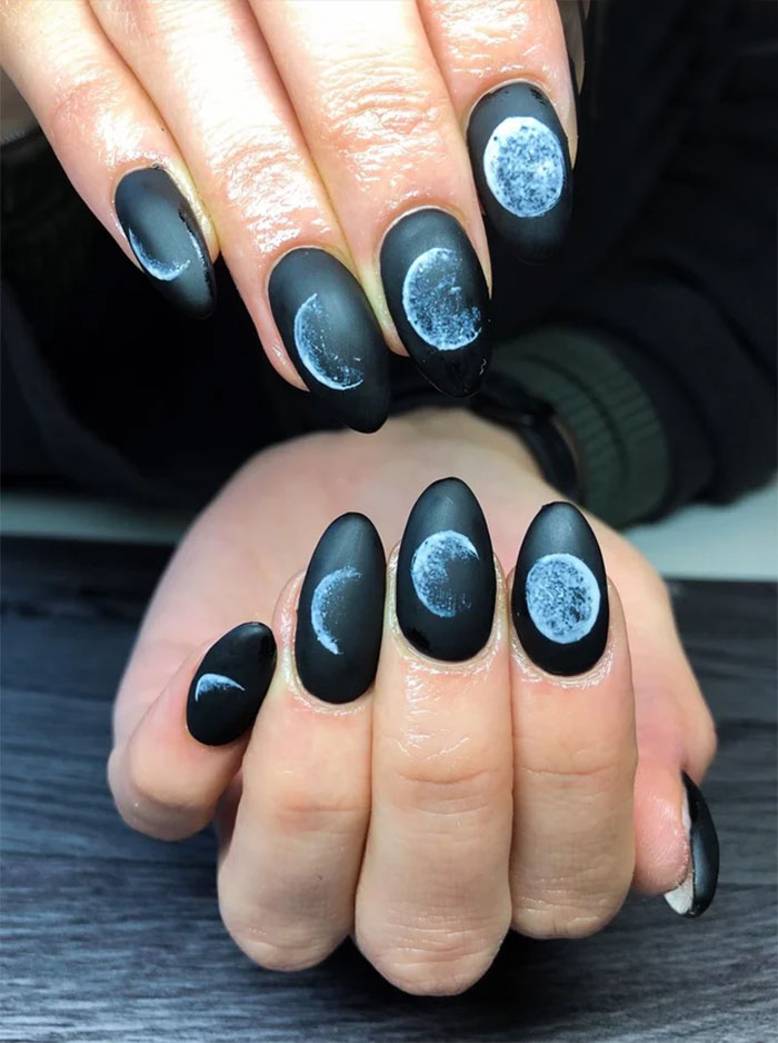 First Attempt At Moon Phase Nails! Acrylic Overlay With Gel Nail Art