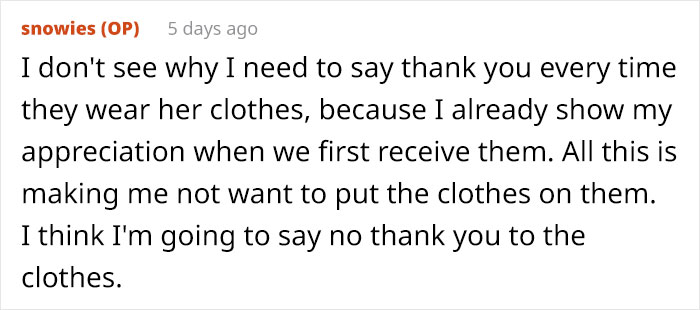 Mom Asks The Internet For Advice After Her MIL Starts Policing The Clothes She Gave Her Grandkids Mom Asks The Internet For Advice After Her MIL Starts Policing The Clothes She Gave Her Grandkids