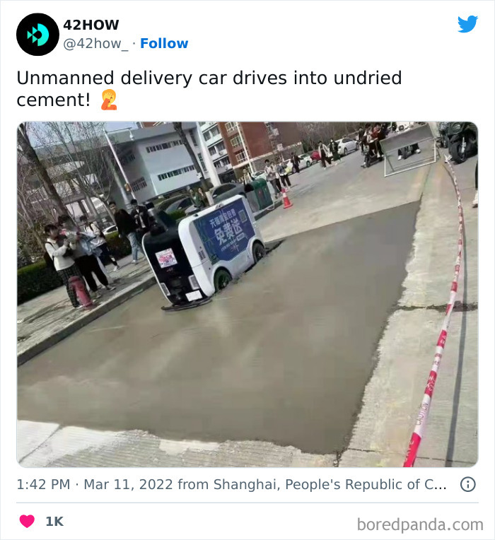 Delivery Robot Tries To Walk Across Undried Cement