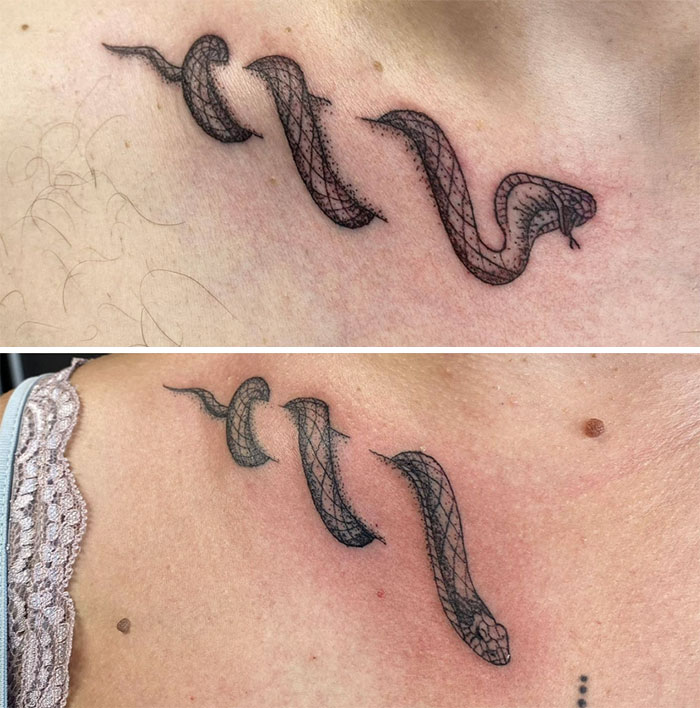 Snake around the clavicle matching tattoos