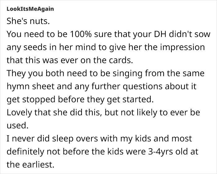 The woman asked if it was unreasonable for her not to allow a 4-month-old baby to sleep at MIL's house