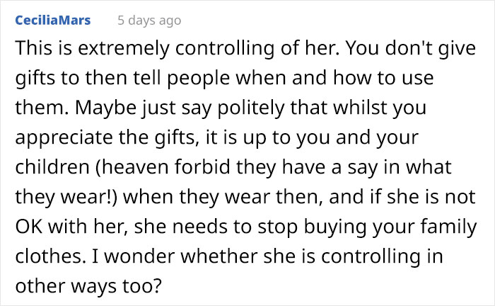 Mom Asks The Internet For Advice After Her MIL Starts Policing The Clothes She Gave Her Grandkids Mom Asks The Internet For Advice After Her MIL Starts Policing The Clothes She Gave Her Grandkids