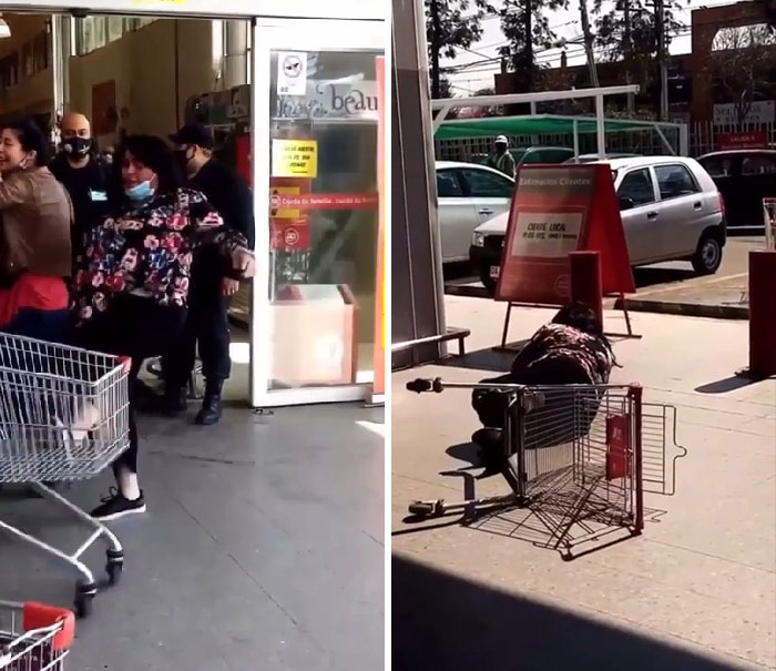 Una loca Karen chilena patea un carrito de supermercado, recibe un golpe de regreso
