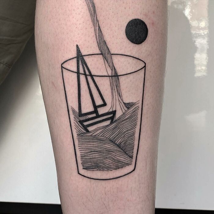 Little Boat In A Glass On My Calf - Done By Luca Complain (Belgium) In June 2021