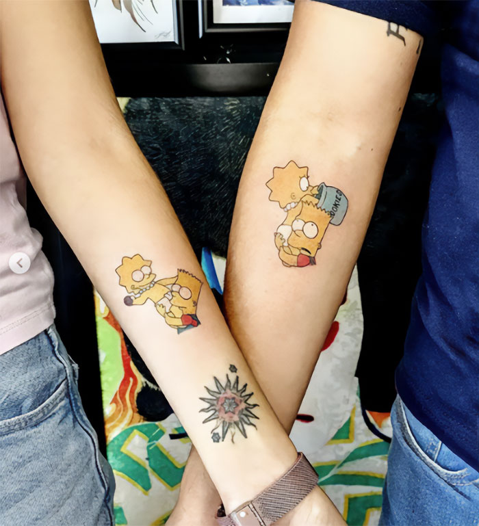 Bart ans Lisa watercolor forearm tattoos