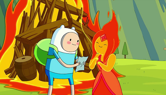 Finn and Flame Princess smiling from Adventure Time