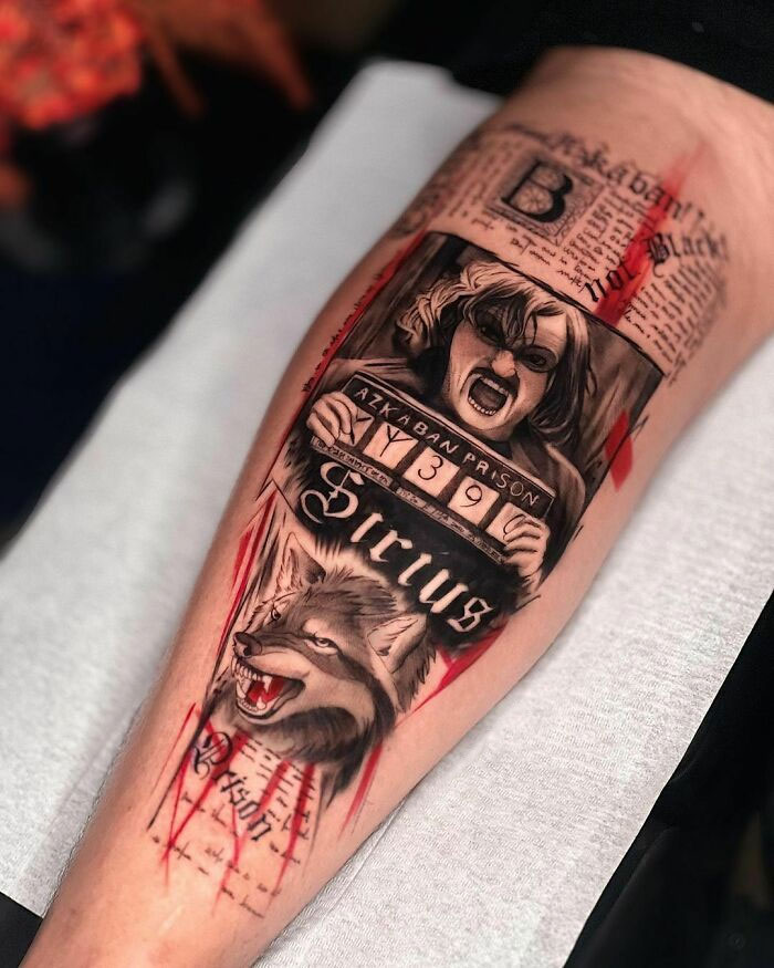 Harry Potter tattoo featuring a detailed Azkaban prison scene with Sirius Black and a wolf on a forearm.