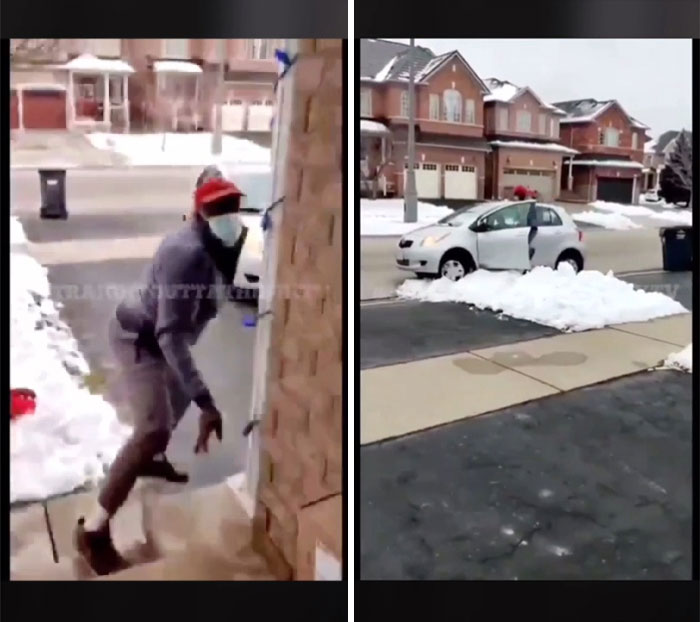 Un tipo intenta robar un paquete pero es sorprendido. Cuando conduce su coche para escapar, queda atrapado en la nieve
