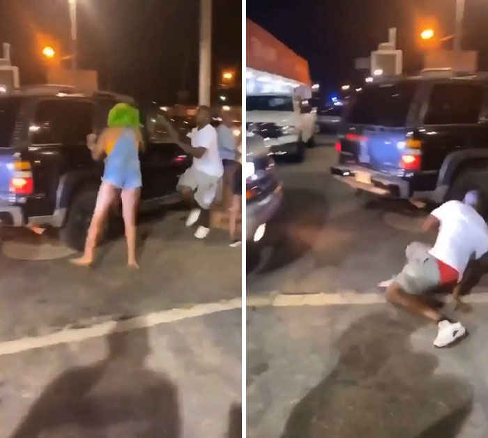 Guy Tries To Punch A Woman But Runs Into A Car Instead