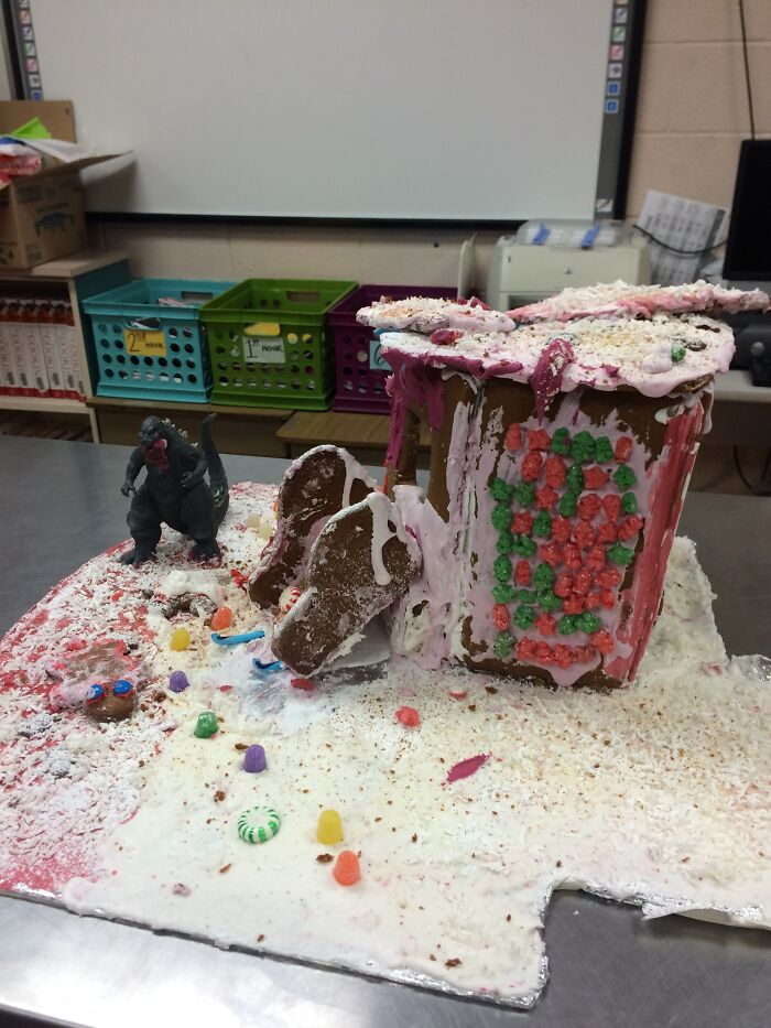 A Gingerbread House Made For Cooking Class That Was "Attacked" By Godzilla After We Realized That It Was Not Turning Out Well