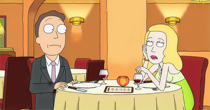 Jerry and Beth Smith at restaurant from Rick and Morty